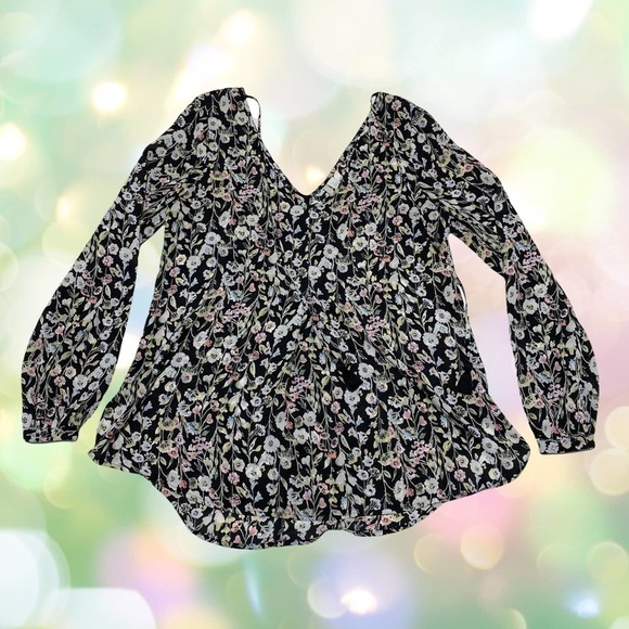 LAUREN Conrad Black Multicolored Floral Print V-Neck Tie bust Long Sleeve Blouse - Picture 11 of 12